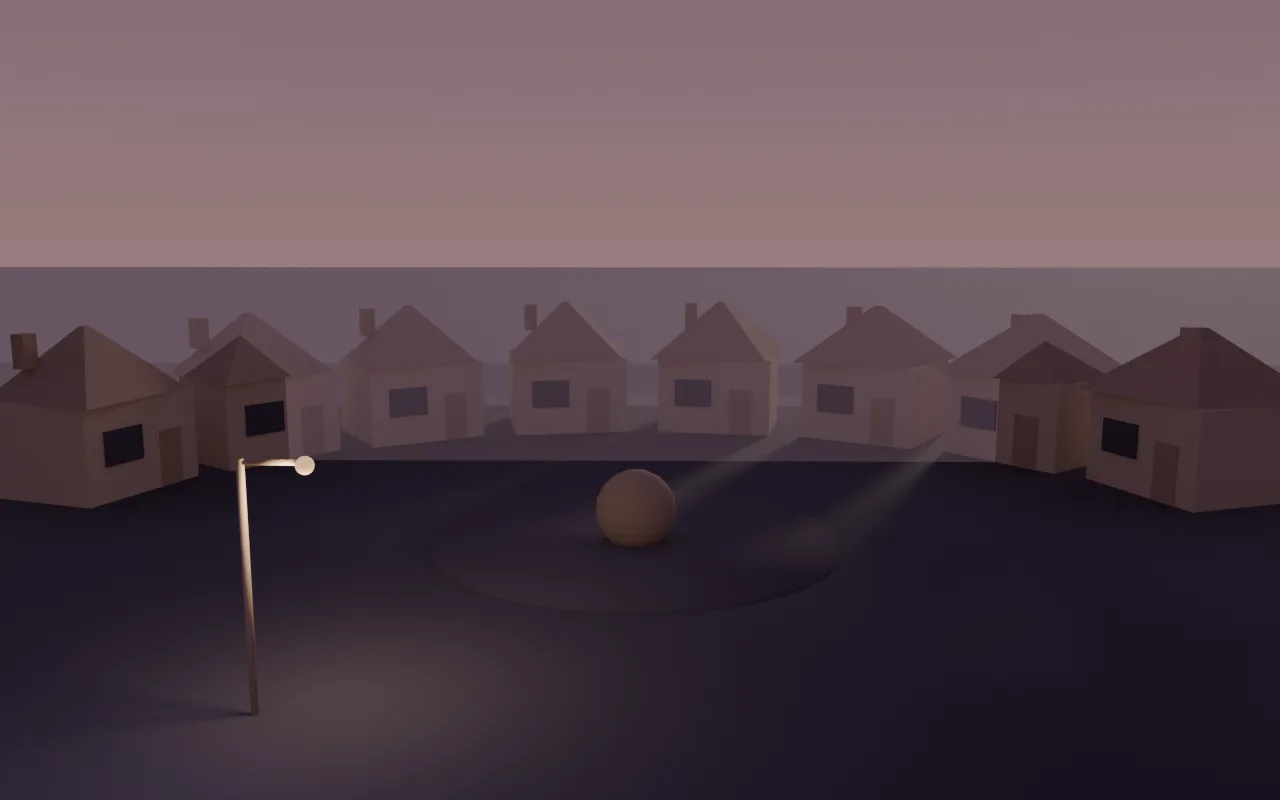 Clay previz: eight identical houses on a dawn cul-de-sac, low fog, one streetlamp