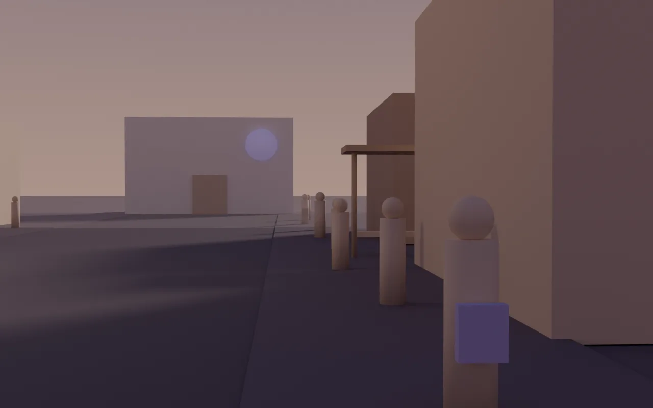 Clay previz: abstract figures walking a town sidewalk, the nearest carrying a violet-clipped tote