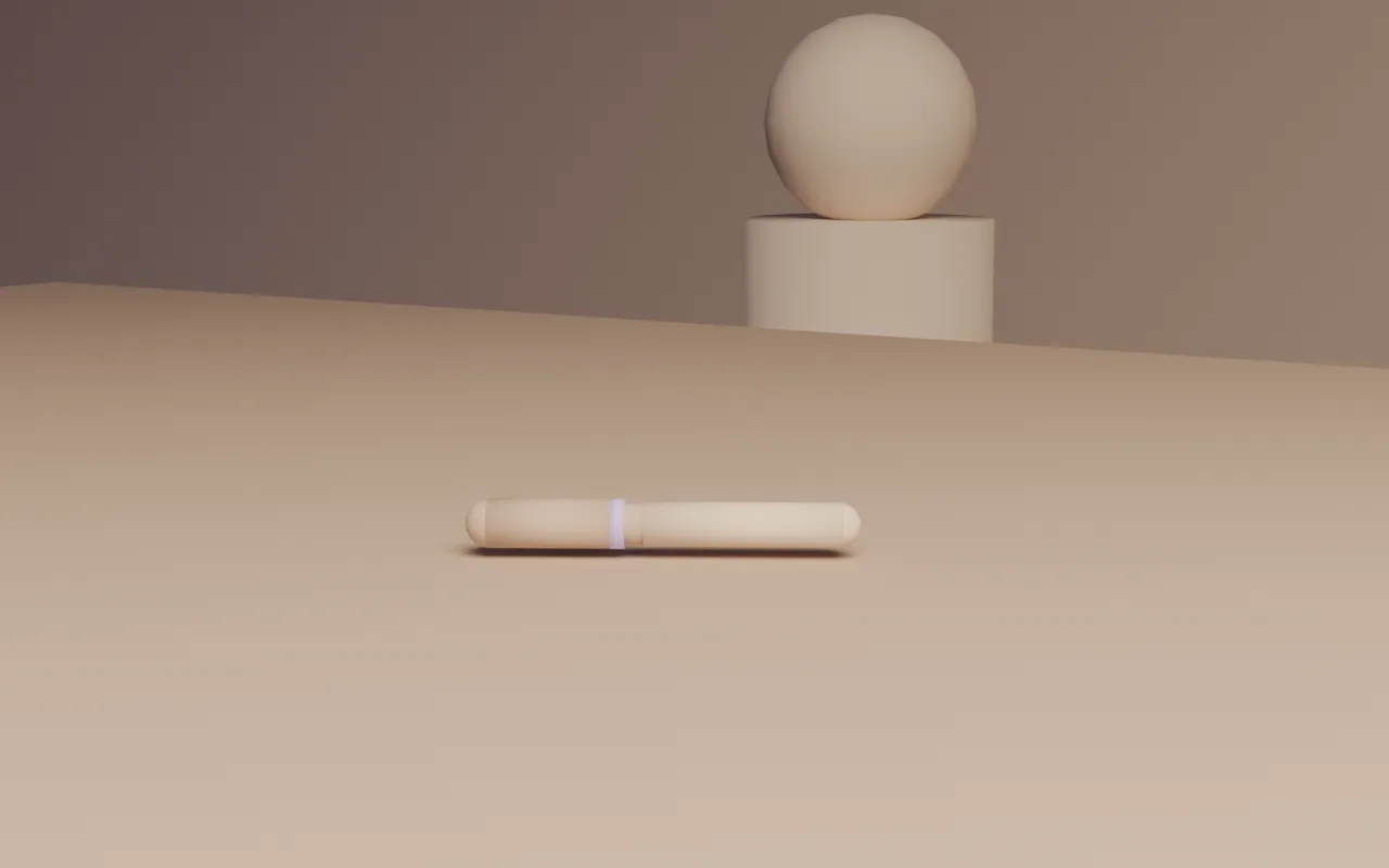 Clay previz: a generic injector pen resting on a clinic desk, clinician massing behind