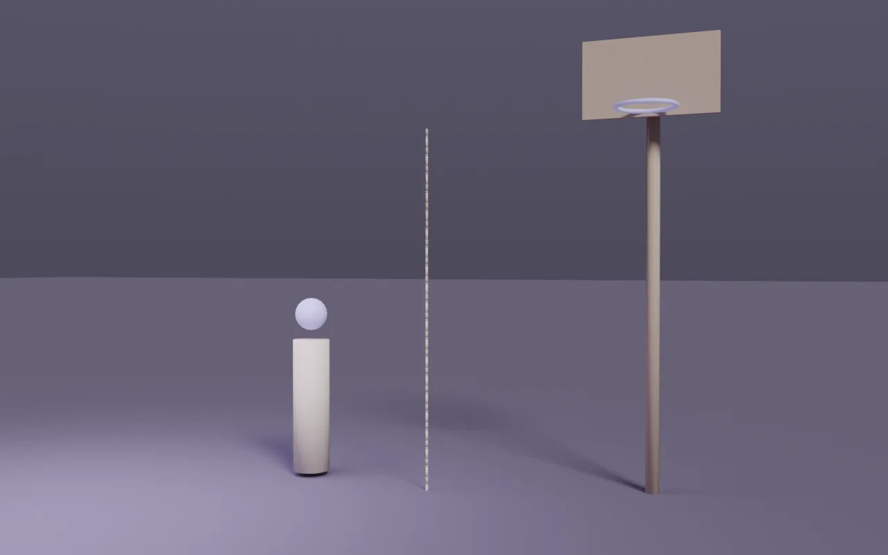 Clay previz: twenty stacked injector pens reaching a basketball rim, a human figure for scale