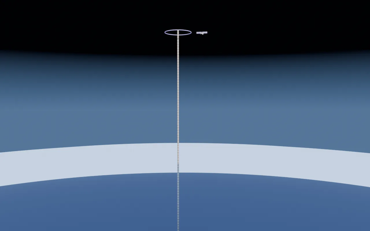 Clay previz: the pen column rising past the curve of the Earth to the ISS at 405 km