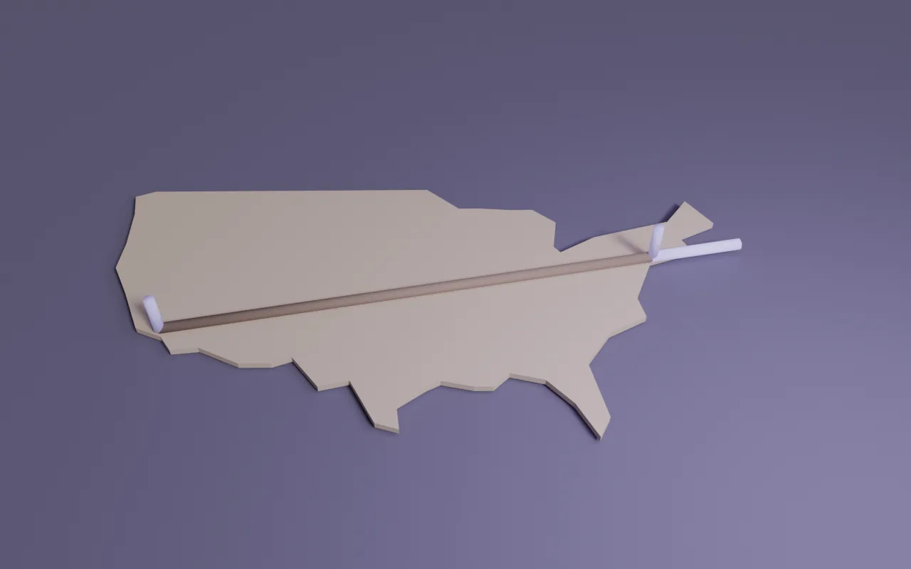 Clay previz: the stack laid across a US map, running from Los Angeles past New York into the Atlantic